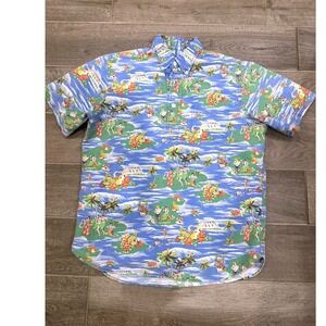 Ralph Lauren Polo Aloha Shirt Mens M Blue Tropical Island Hula Scene Button Up